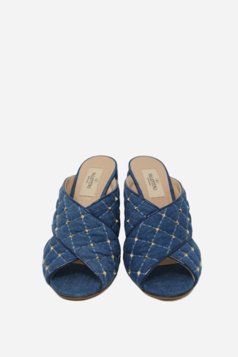 Valentino Garavani Denim Rockstud Spike Crisscross Silde Sandals Size 37