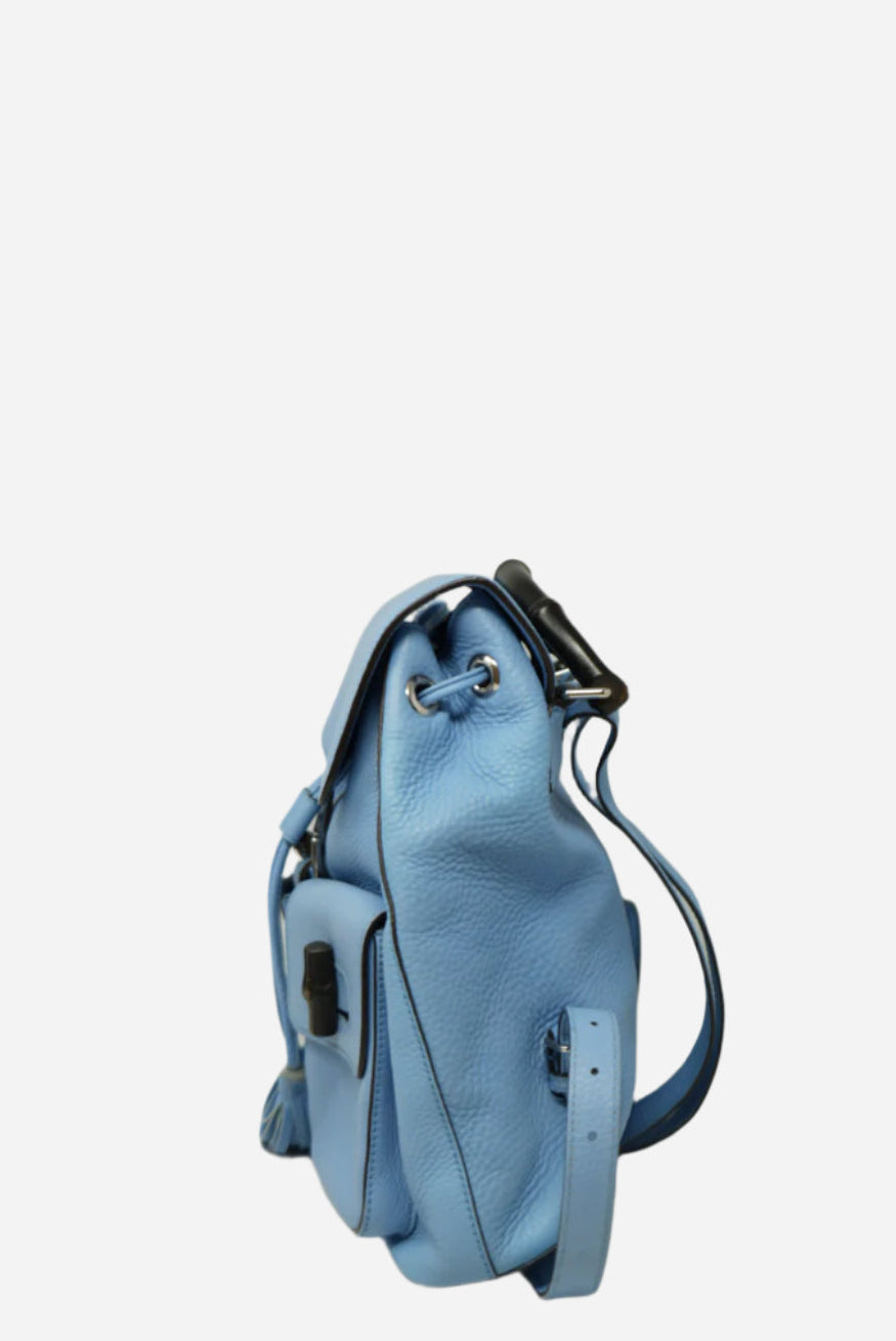 Gucci Blue Calfskin Leather Bamboo Tassel Backpack