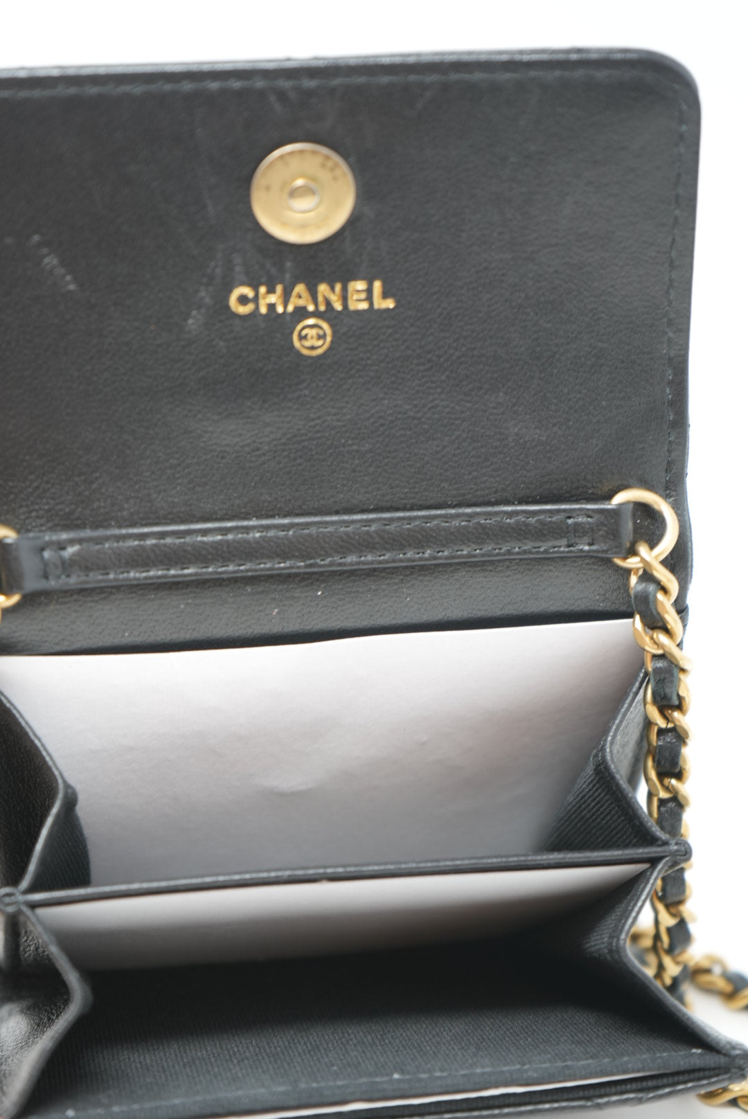 Pre-Owned Chanel 2023 Black Lambskin Card Holder With Chain