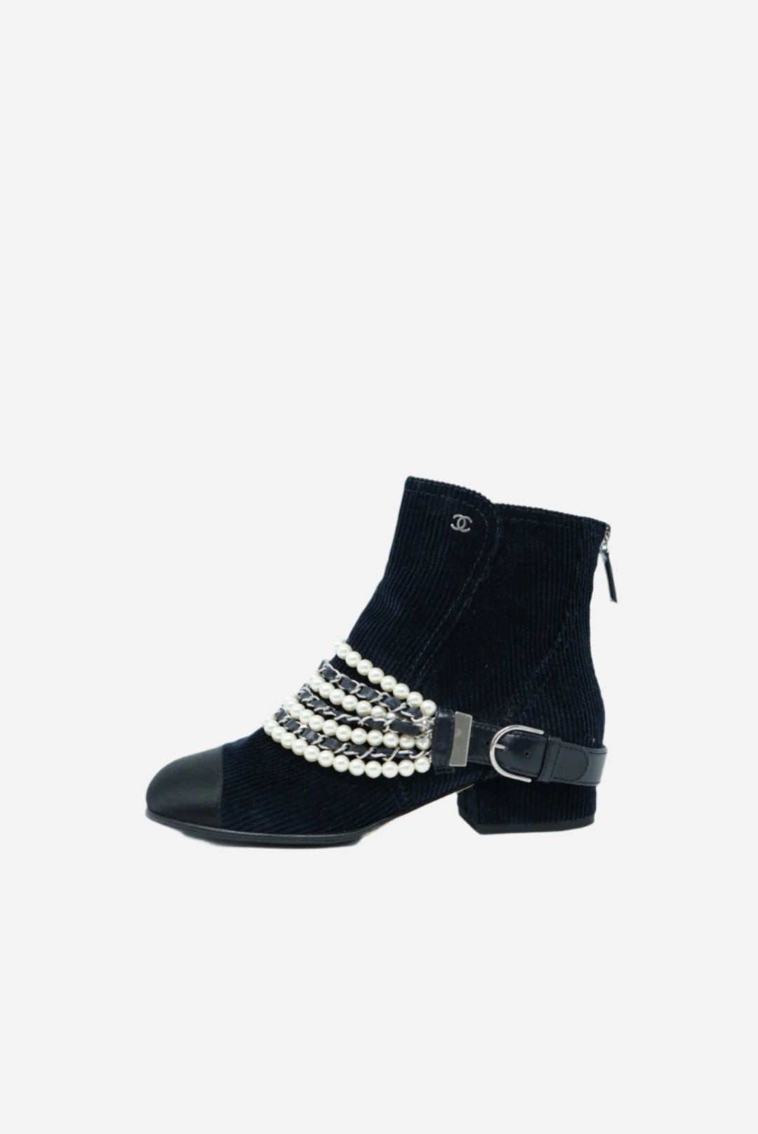 Pre-Owned Chanel Navy Velvet Satin & Faux Pearl Ankle Boots Size 36