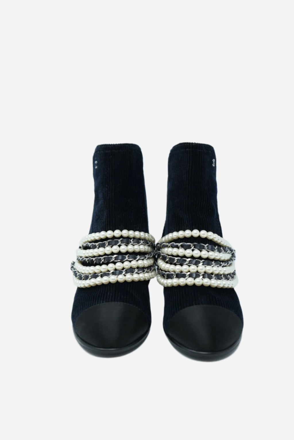 Pre-Owned Chanel Navy Velvet Satin & Faux Pearl Ankle Boots Size 36