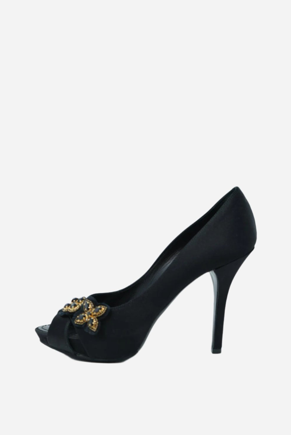 Louis Vuitton black Satin Athen Peep Toe Heels NW Size 35.5