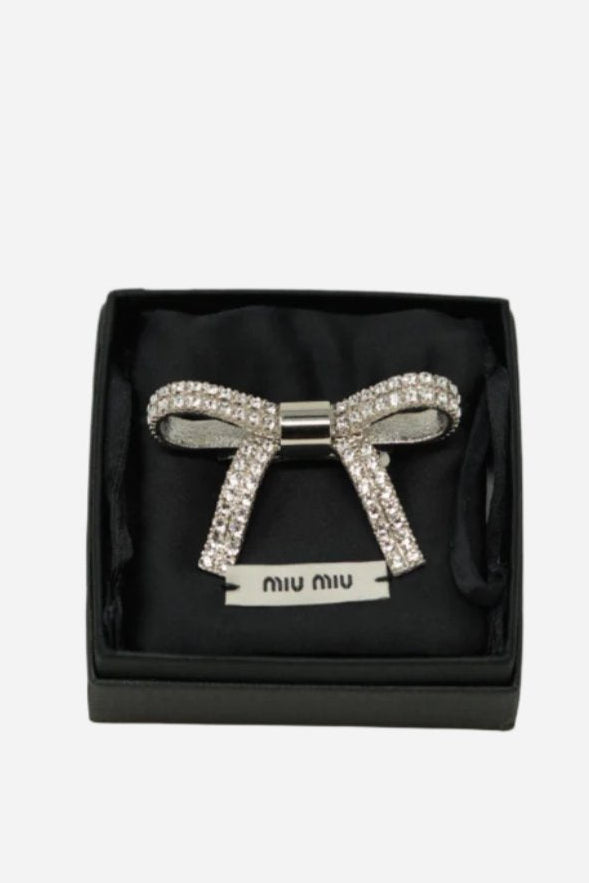 Miu Miu Silver Tone Crystal Bow Barrette