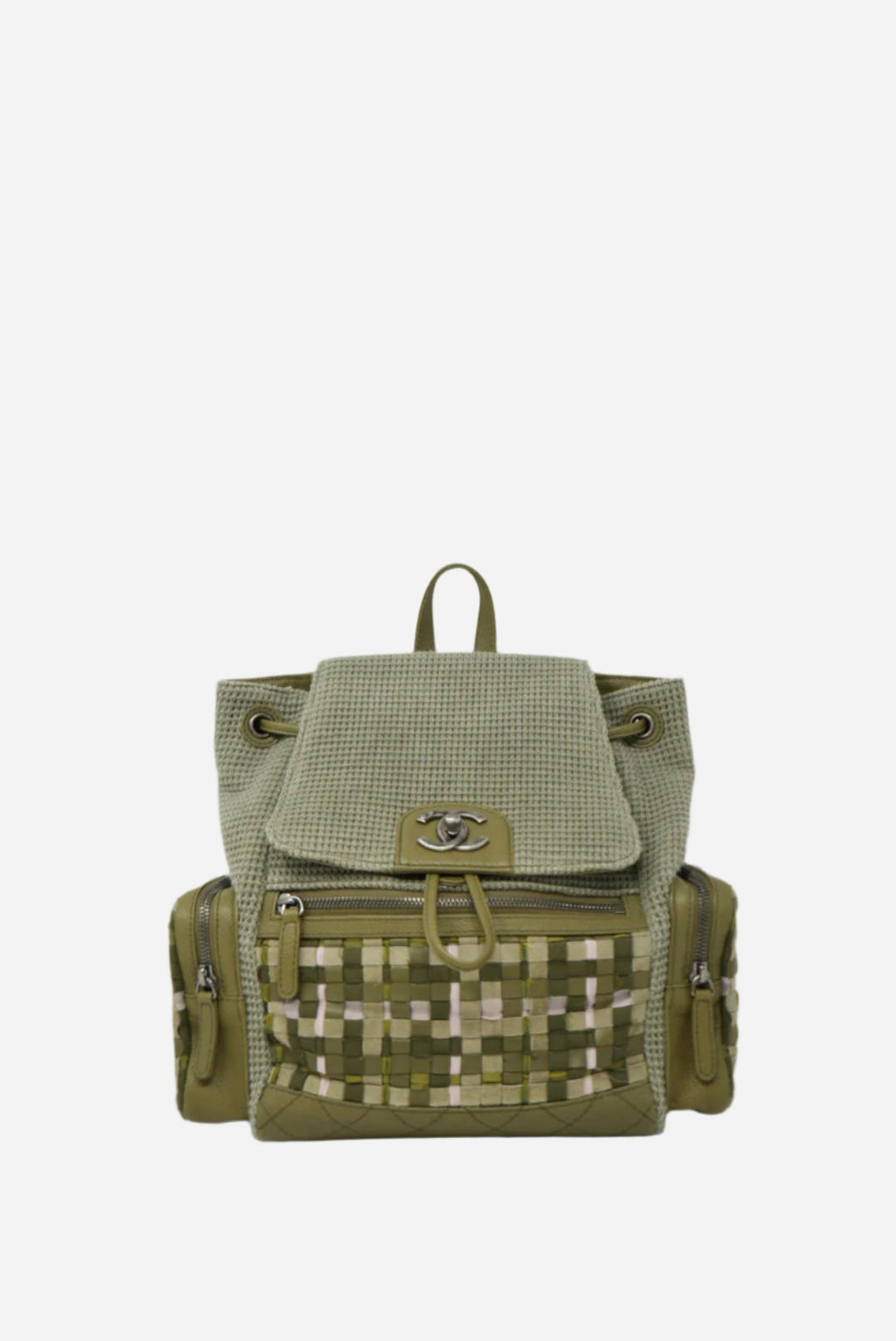 Pre-owned Chanel Tweed Canvas Cuba Pocket Backpack Khaki Green
