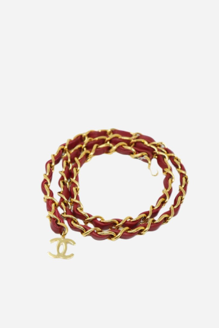 Pre-Owned CHANEL Medallion Gold Red Chain Belt Leather
