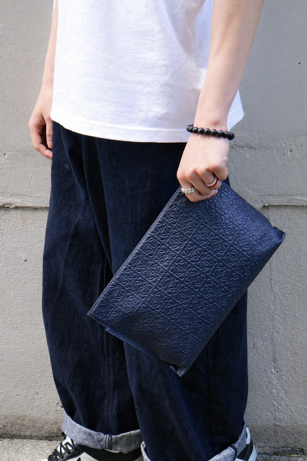 Loewe Navy Calfskin Embossed Repeat T Pouch